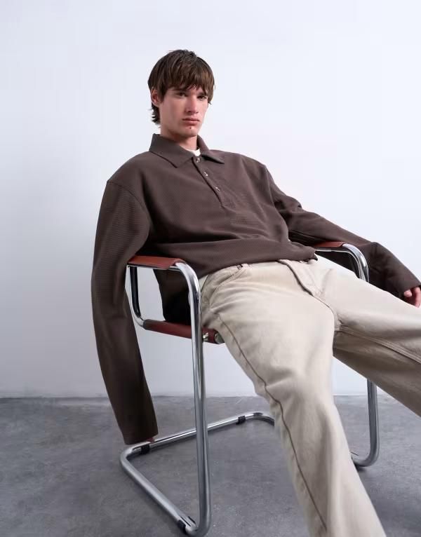トップマン メンズ アウター パーカー・スウェット ポロシャツ スウェット シャツ Topman boxy fit waffle polo sweatshirt BROWN ブラウン