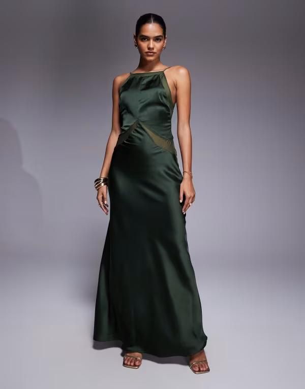 エイソス レディース トップス ワンピース シフォン ハイネック マキシワンピース サテン マキシ ASOS DESIGN satin chiffon mix square high neck maxi dress in dark DARK GREEN グリー
