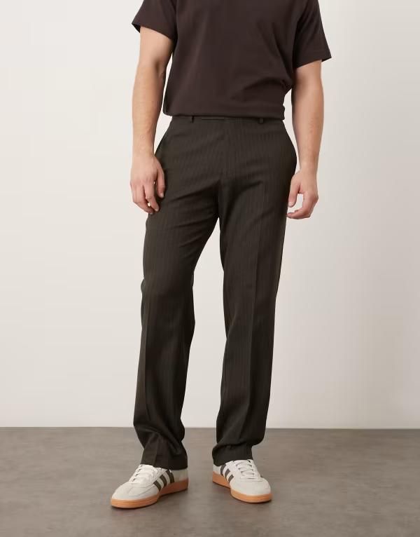 エイソス メンズ ボトムス カジュアルパンツ ストレート ASOS DESIGN straight leg dress pants in dark brown pinstripes with cuffs Dark brown ブラウン