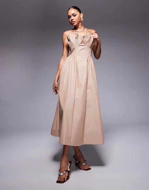 エイソス レディース トップス ワンピース ミディワンピース ミディ ASOS DESIGN structured frill bust midi dress in stone STONE ストーン