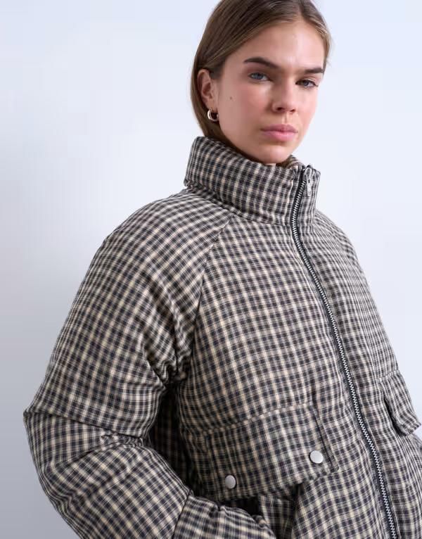 トップショップ レディース アウター コート ジャケット Topshop micro plaid puffer jacket Black ブラック