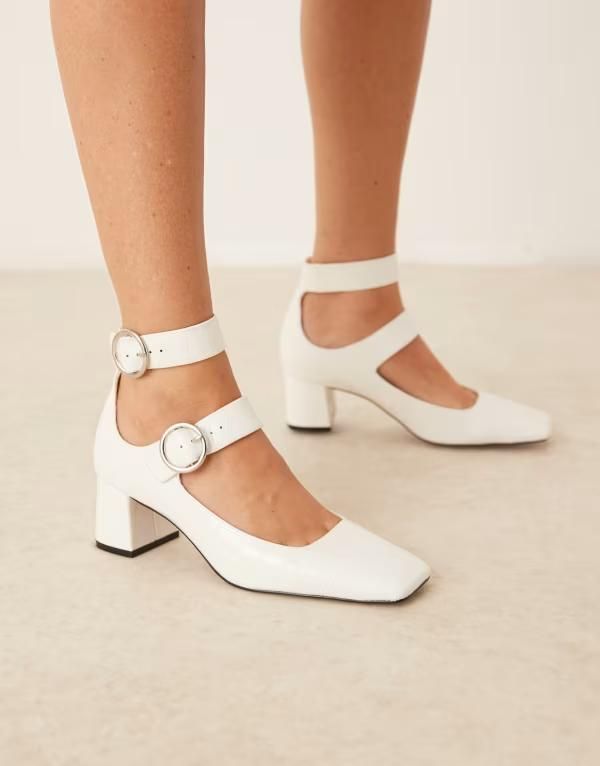 エイソス レディース シューズ ヒール ASOS DESIGN Sasha double buckle strap mid block heel shoes croc Off white croc オフホワイト