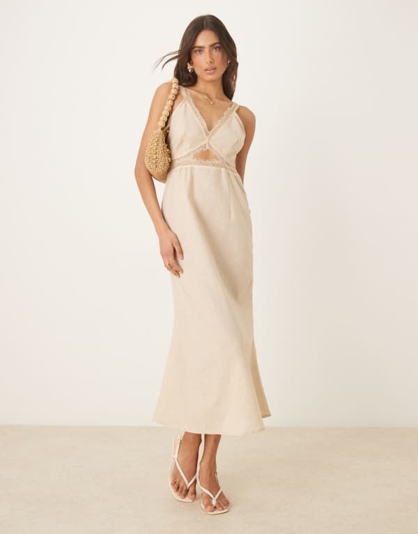 ネバーフリードレスド レディース トップス ワンピース カットアウト リネン Never Fully Dressed Mimi linen cutout midaxi dress in oatmeal Oatmeal オートミール