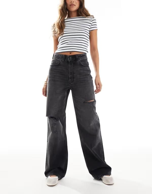 エイソス レディース ボトムス デニムパンツ ジーンズ ASOS DESIGN dad jeans with rips in washed WASHED BLACK ブラック