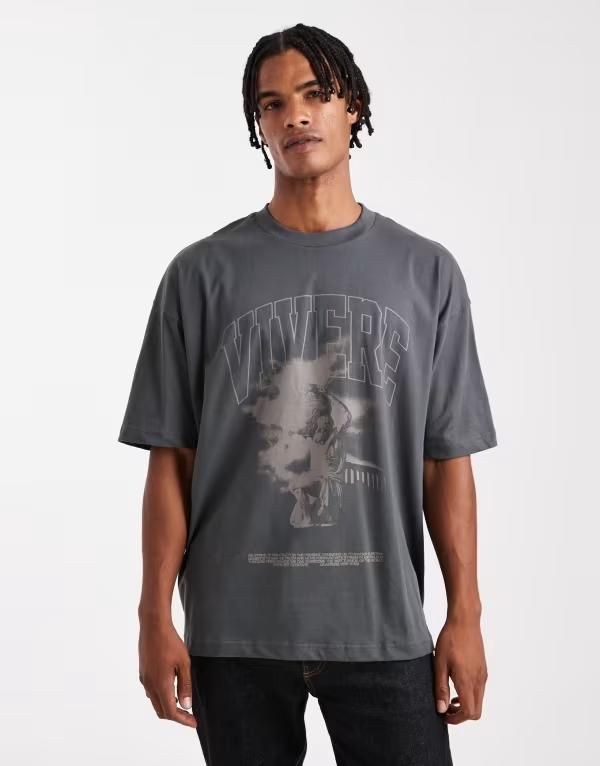エイソス メンズ トップス Tシャツ グラフィック ASOS DESIGN oversized tshirt with renaissance graphic in charcoal Dark shadow チャコール