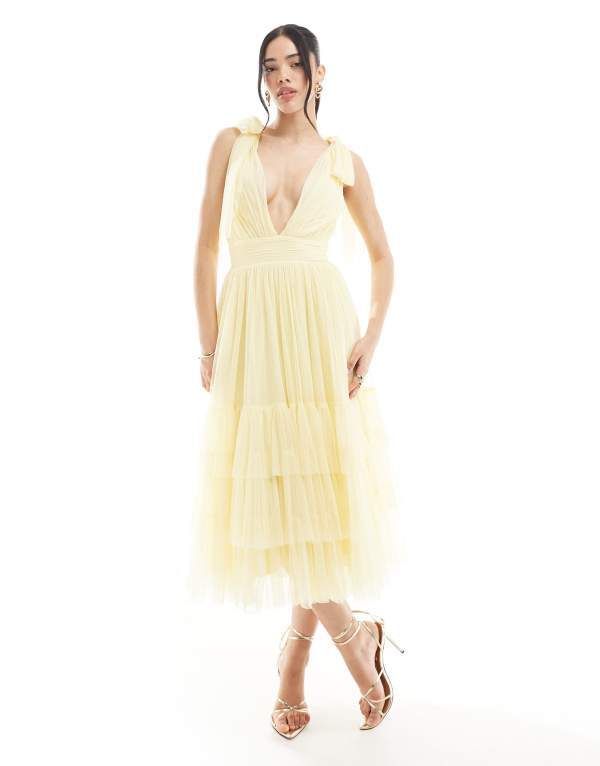 レース アンド ビーズ レディース トップス ワンピース Lace Beads Bridesmaid Madison bow shoulder midaxi dress in butter yellow Buttercup イエロー