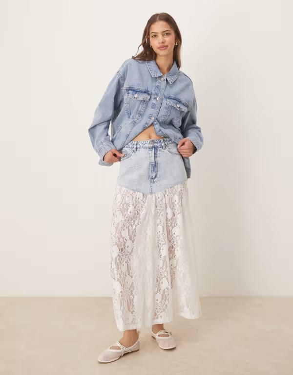 エイソス レディース ボトムス スカート デニム レース マキシ ASOS DESIGN denim maxi skirt in light wash blue with lace hem Light Wash デニム