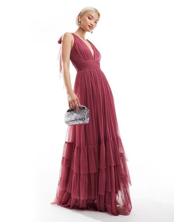 レース アンド ビーズ レディース トップス ワンピース ティアード マキシワンピース マキシ Lace Beads Bridesmaid Madison bow shoulder tiered maxi dress in orchid Orchid