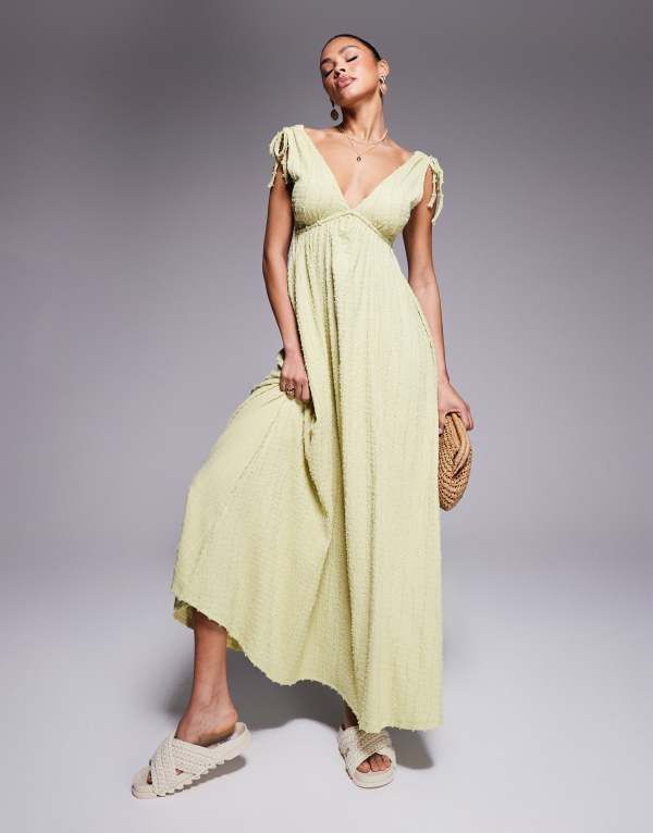 エイソス レディース トップス ワンピース ミディワンピース ミディ ASOS DESIGN textured deep V trapeze midi dress in sage GREEN グリーン