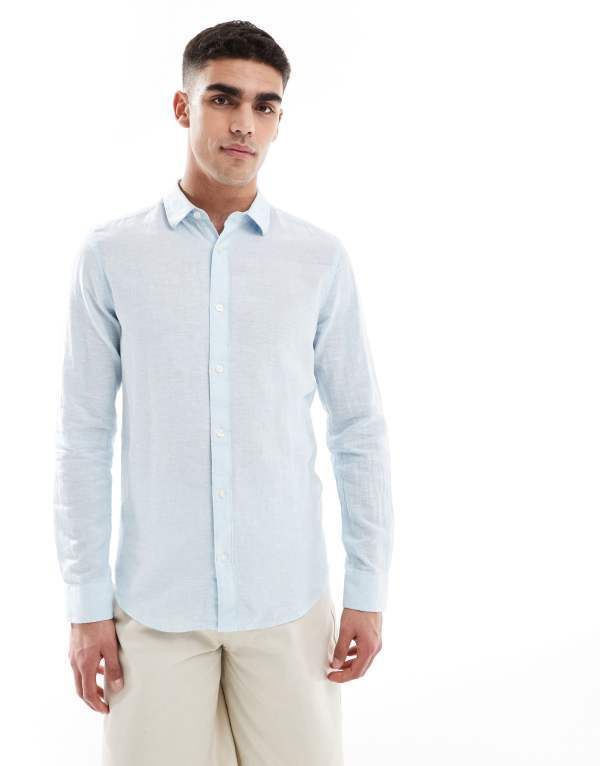 オンリーアンドサンズ メンズ トップス シャツ リネン ONLY SONS long sleeve linen mix shirt in light LIGHT BLUE ブルー
