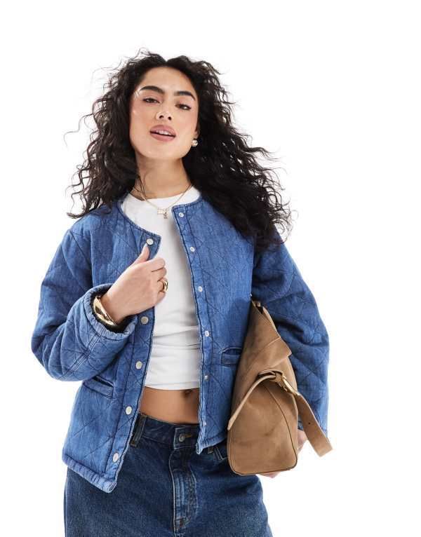 オンリー レディース アウター ジャケット・ブルゾン キルティング デニム ジャケット ONLY quilted denim jacket in mid Dark Blue Denim デニム