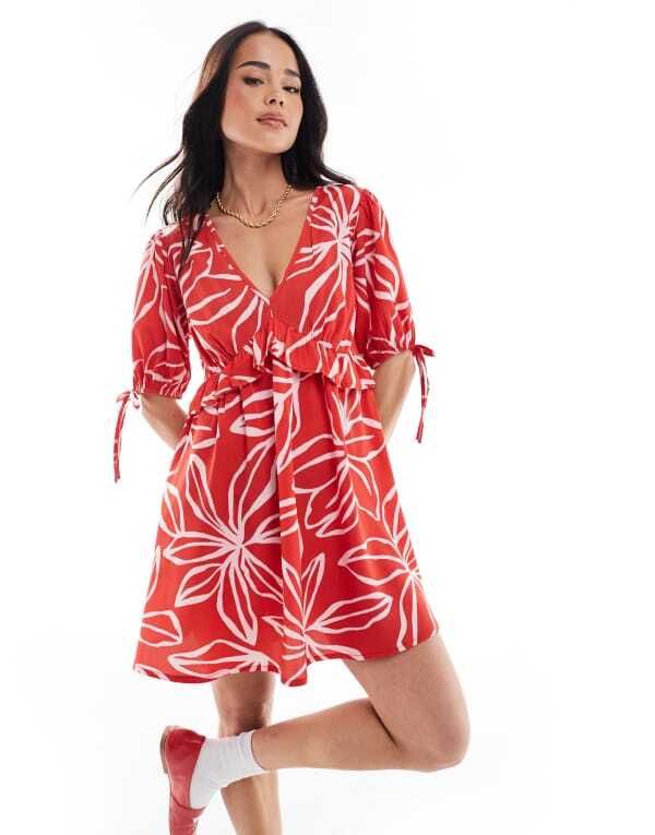 ウェンズデーガール レディース トップス ワンピース ミニ Wednesdays Girl bold bloom mini smock dress RED レッド