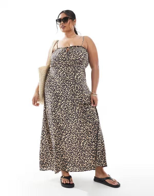 オンリーカーブ レディース トップス ワンピース アニマル柄 プリント マキシ ONLY Curve maxi dress in animal print Brown rice ブラウン