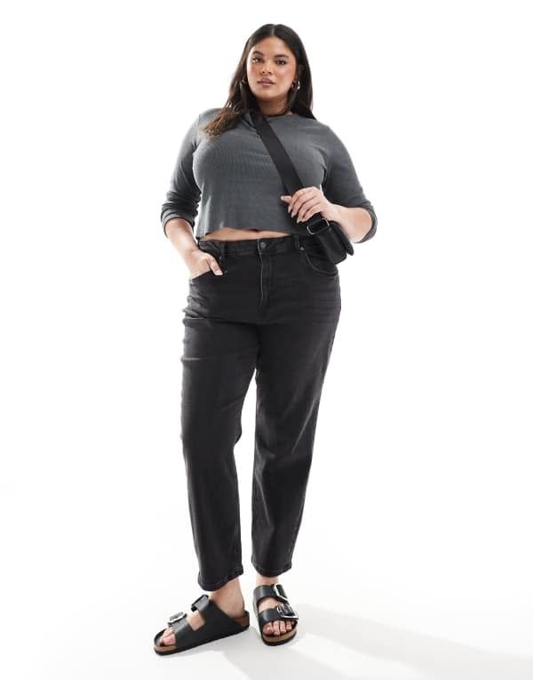 エイソス レディース ボトムス デニムパンツ スリムフィット ジーンズ ASOS Curve ASOS DESIGN Curve slim fit comfort mom jeans in washed WASHED BLACK ブラック