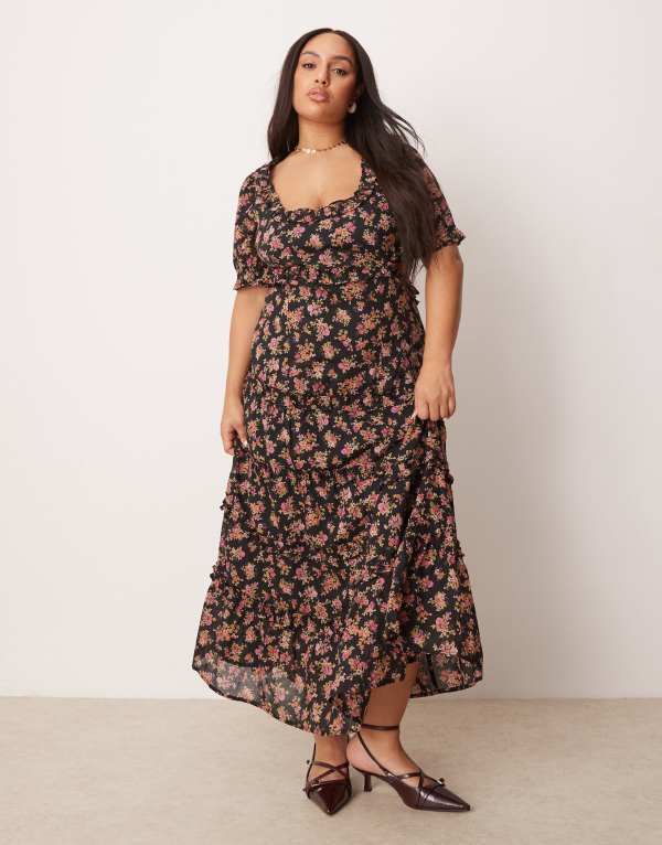 エイソス レディース トップス ワンピース カットアウト ミディワンピース フラワー柄 ミディ フラワー ASOS Curve ASOS DESIGN Curve sweetheart neckline midi dress with cut out in d