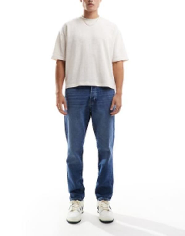 オンリーアンドサンズ メンズ ボトムス デニムパンツ テーパードフィット ジーンズ ONLY SONS Yoke tapered fit jeans in mid blue wash Medium blue denim デニム