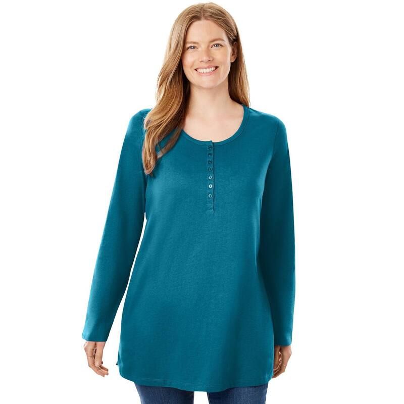 ウーマン ウィズイン レディース トップス Tシャツ プラスサイズ 長袖 Woman Within Plusize Perfect LongSleeve Henley Tee Deep Teal ティール