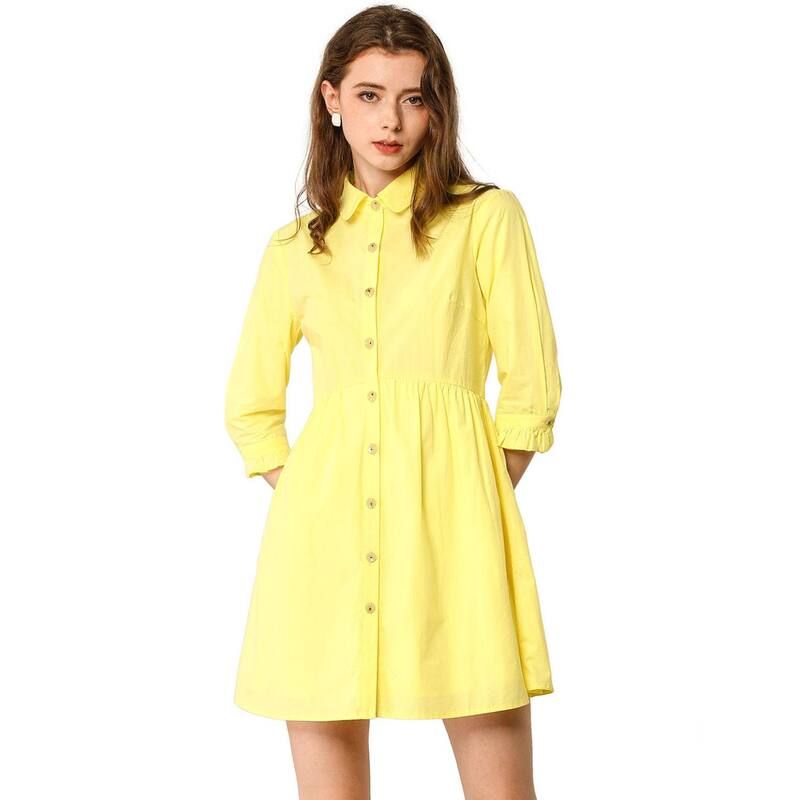 アレグラ ケー レディース トップス ワンピース ミニ シャツ ALLEGRA K Womens Casual 34 Sleeve Button Front Flare Mini Shirt Dress Lemon Yellow イエロー