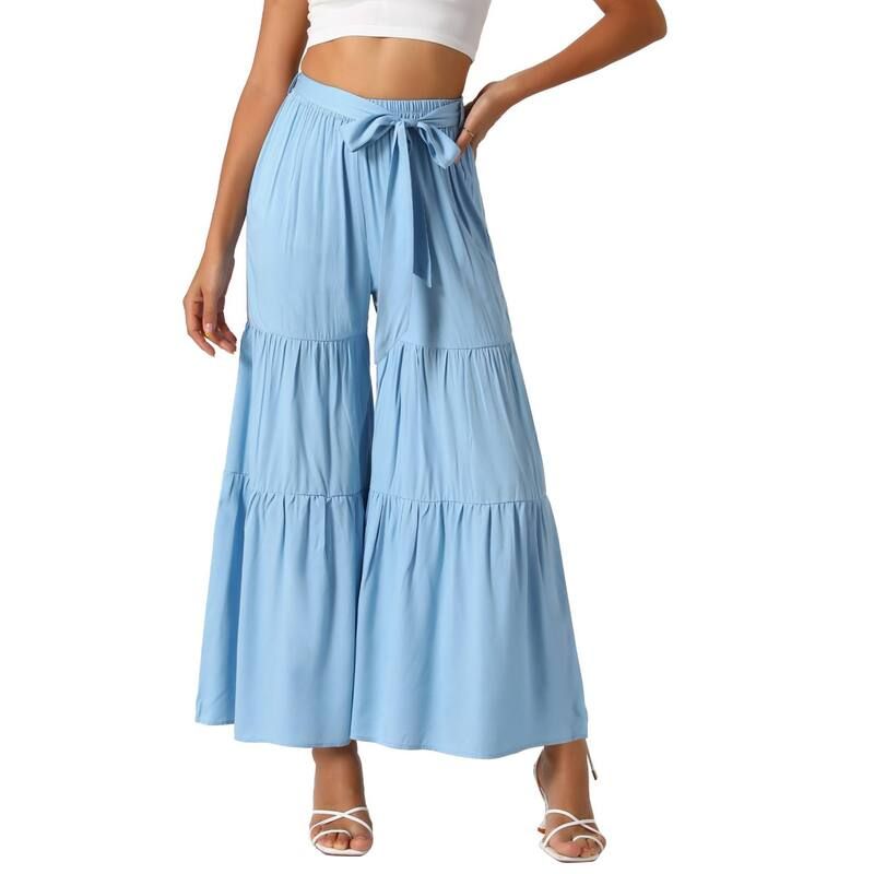 アレグラ ケー レディース ボトムス カジュアルパンツ フリル裾 ワイドレッグ フリル ALLEGRA K Womens Boho Elastic High Waisted Tie Waist Ruffle Hem Wide Leg Palazzo Pants