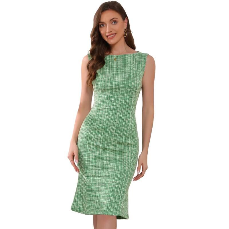 アレグラ ケー レディース トップス ワンピース ツイード ノースリーブ ALLEGRA K Tweedress for Womensummer Sleeveless Elegant Plaid Bodycon Dress Light Green グリーン