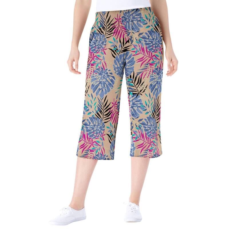 ウーマン ウィズイン レディース ボトムス カジュアルパンツ プラスサイズ キャップ ニット Woman Within PlusizelasticWaist PullOn Knit Pocket Capri Pants New Khaki Rainforest
