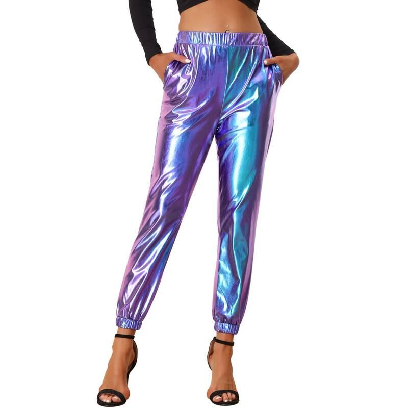 アレグラ ケー レディース ボトムス カジュアルパンツ ハイウエストール ALLEGRA K Womens Party Sparkle Shiny High Waist Metallic Jogger Pants Blue Purple ブルー