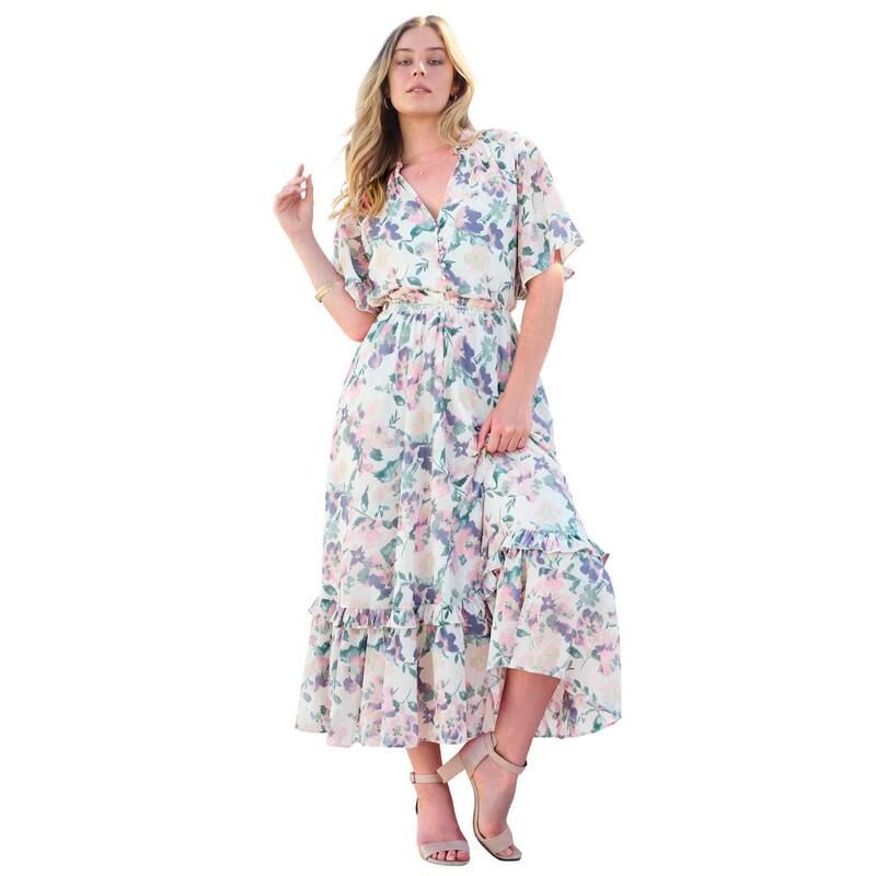 ロアマンズ レディース トップス ワンピース ティアード プラスサイズ フリル Roamans Womens Plusize Tiered Ruffle Dress Ivory Multi Watercolor アイボリー