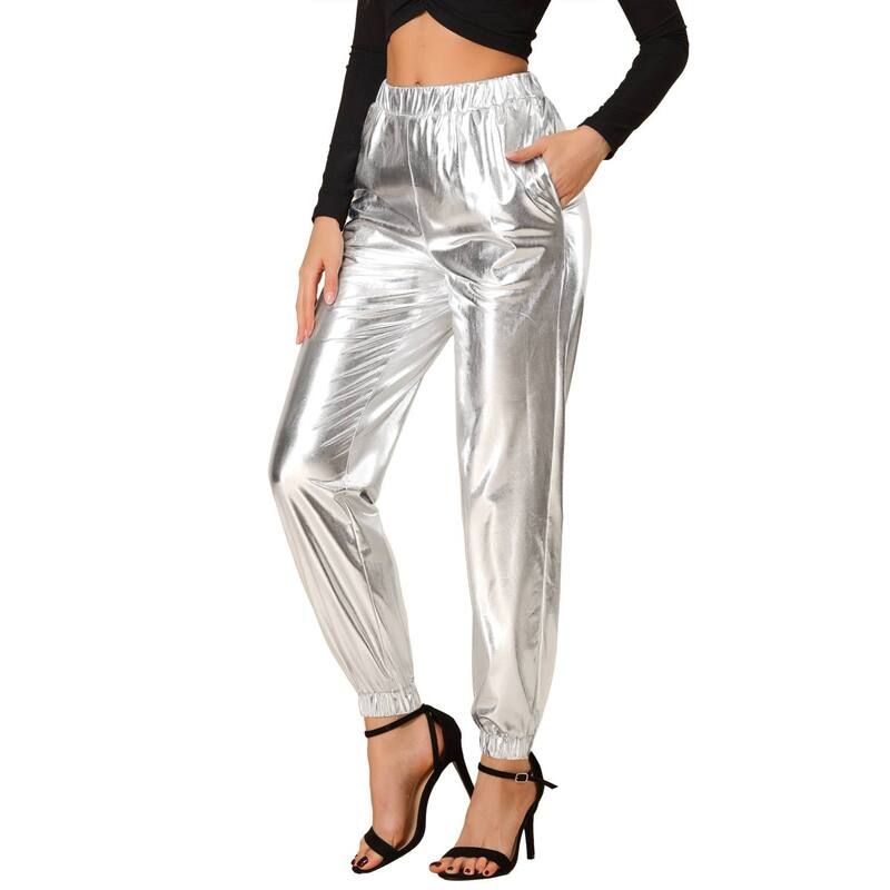 アレグラ ケー レディース ボトムス カジュアルパンツ ハイウエストール ALLEGRA K Womens Party Sparkle Shiny High Waist Metallic Jogger Pantsilver シルバー