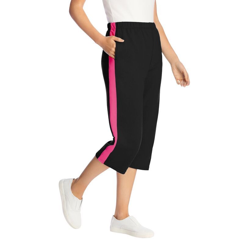 ウーマン ウィズイン レディース ボトムス カジュアルパンツ プラスサイズ プチ パイル コットン キャップ Woman Within Plusize Petite SideStripe Cotton French Terry Capri Black Rasp