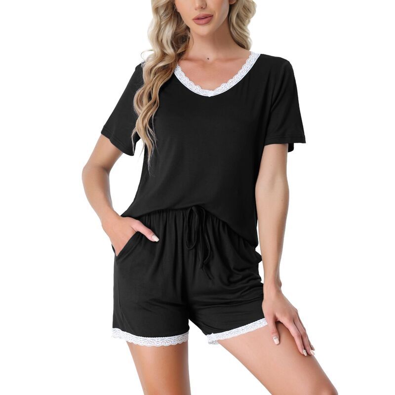 cheibear レディース アンダーウェア ナイトウェア ショートパンツ cheibear Womensleepwear Lounge Soft Nightwear With Pocketshortsleeve Pajama Set Black ブラック