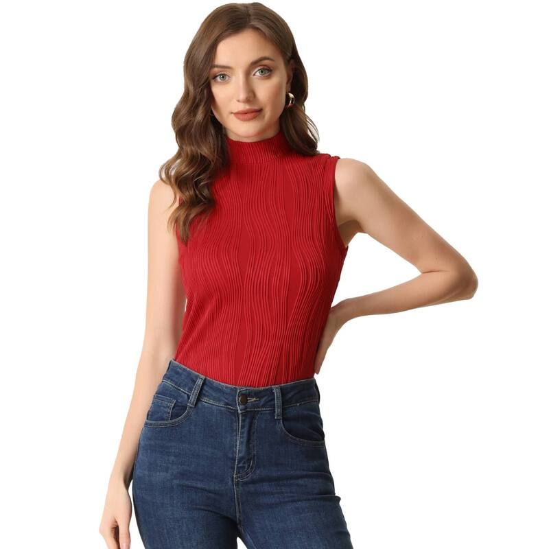 アレグラ ケー レディース トップス Tシャツ モックネック リブ ノースリーブ ニット ALLEGRA K Mock Neck Tank Top For Womenstand Collar Sleeveless Ribbed Knitops Red レッド