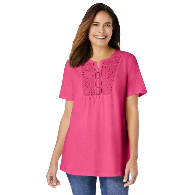 ウーマン ウィズイン レディース トップス Tシャツ プラスサイズ Woman Within Plusizeyelet Henley Tee Peony Petal