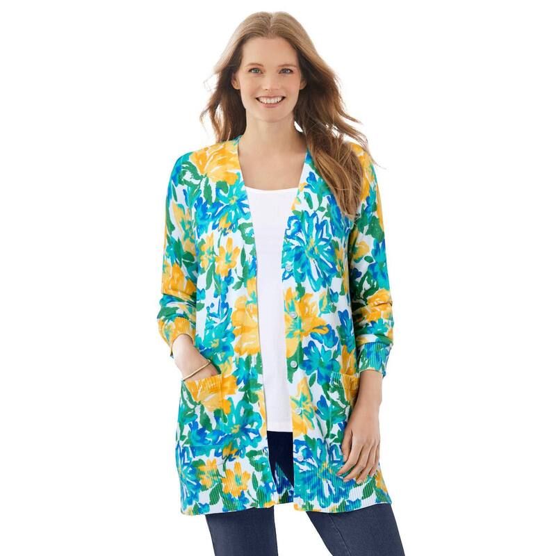 ウーマン ウィズイン レディース アウター ニット・セーター プラスサイズ コットン カーディガン Woman Within Plusize Perfect LongerLength Cotton Cardigan Sweater Yellow Painted