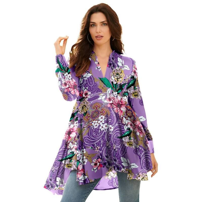ロアマンズ レディース トップス Tシャツ プラスサイズ Roamans Womens Plusize Hand Crinkled Fit And Flare Tunic Violet Paisley Garden バイオレット