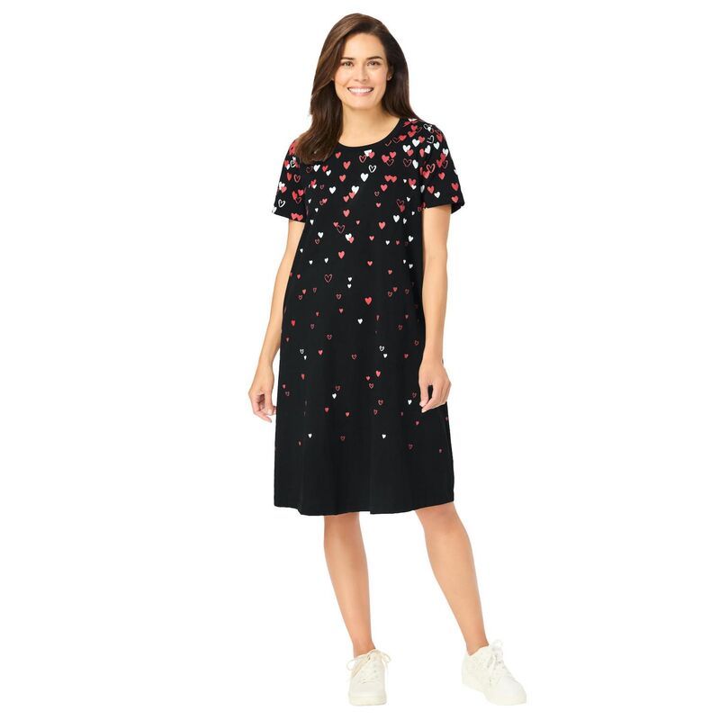 ウーマン ウィズイン レディース トップス ワンピース クルーネック プラスサイズ Tシャツ 半袖 Woman Within Plusize Perfect ShortSleeve Crewneck Tee Dress Black Red Falling ブラ