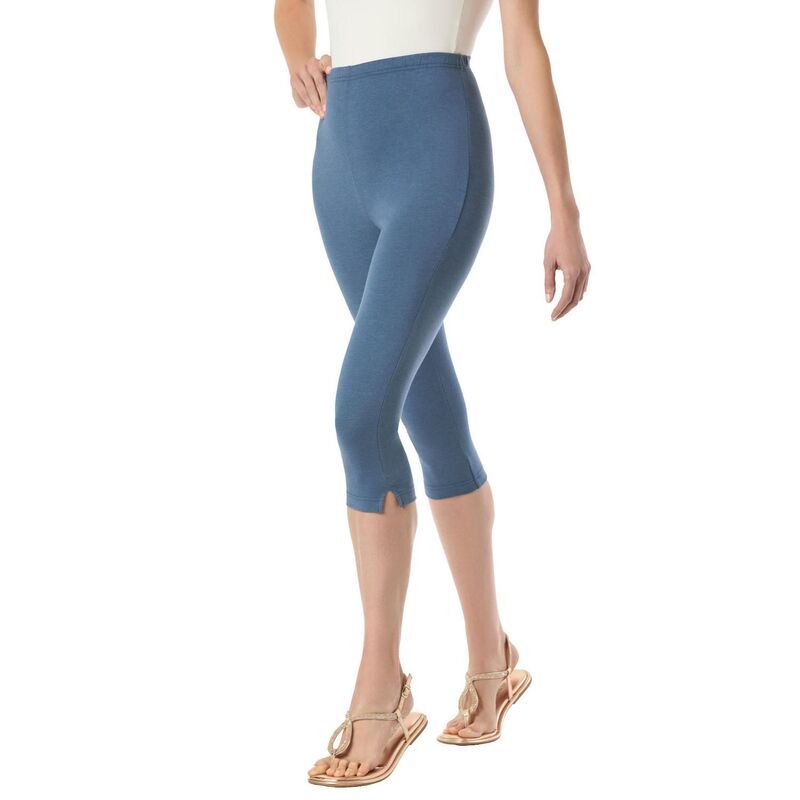 ウーマン ウィズイン レディース ボトムス カジュアルパンツ プラスサイズ コットン キャップ レギンス ニット Woman Within Plusize StretchCotton Knit PullOn Capri Leggings Heather Nav
