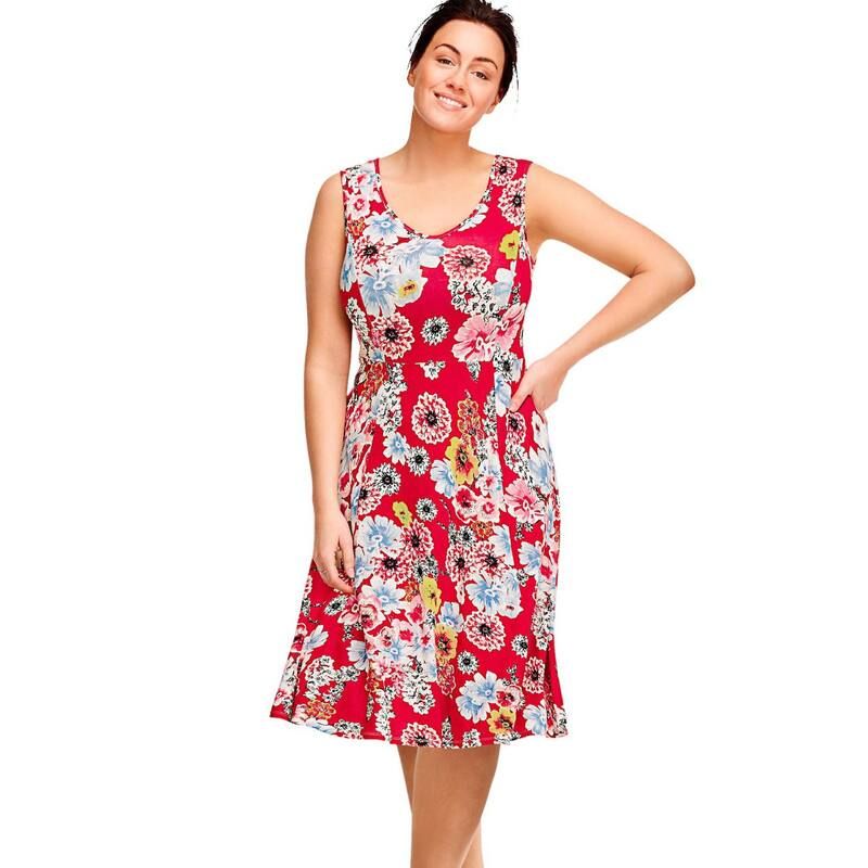 Ellos レディース トップス ワンピース プラスサイズ ノースリーブ ニット ellos Plusize Stretch Knit Scoop Neck Sleeveless Fit And Flare Dress Red Floral レッド