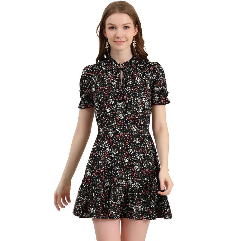 アレグラ ケー レディース トップス ワンピース シフォン フラワー柄 フリル フラワー ALLEGRA K Womens Ruffle Floral Bow Tie Chiffon Short Sleeve Fit Flare Dress Black Whi