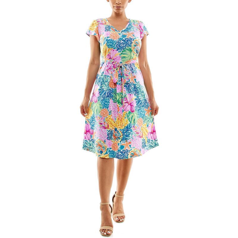 ニナレオナルド レディース トップス ワンピース キャップ Womens Nina Leonard Cap Sleeve Self Sash Dress Rift Multi マルチカラー