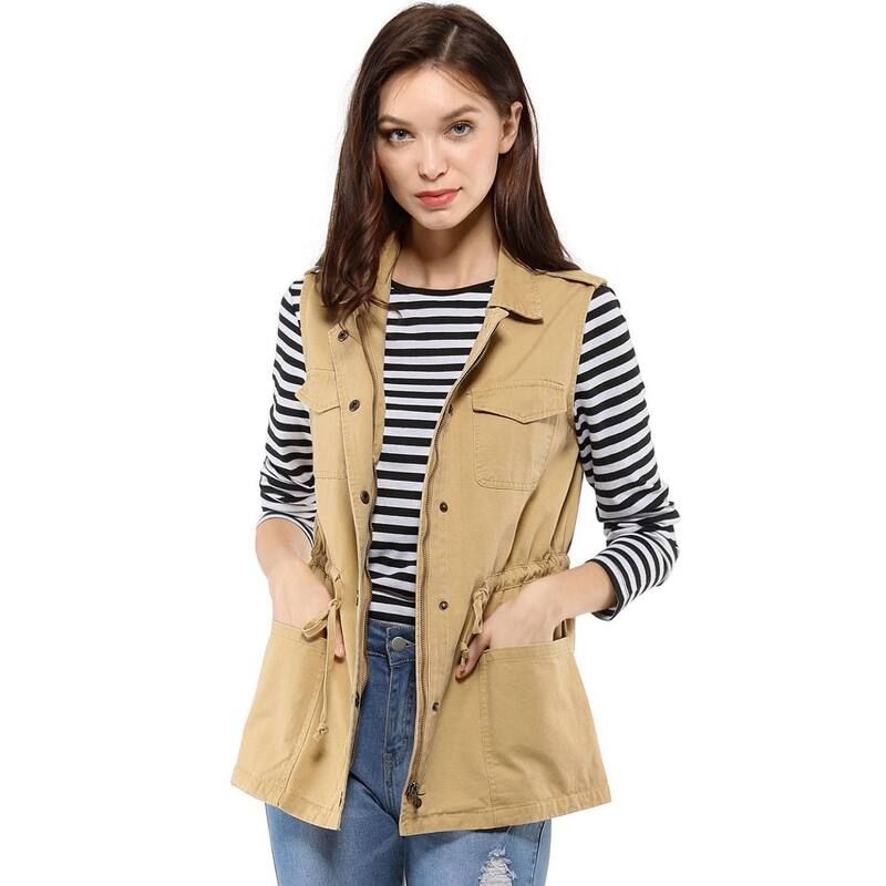 アレグラ ケー レディース アウター ジャケット・ブルゾン ドローコードウエスト ベスト ノースリーブ ALLEGRA K Womensleeveless Zip Up Drawstring Waist Cargo Vest Jacket Khaki カーキ 13,665円