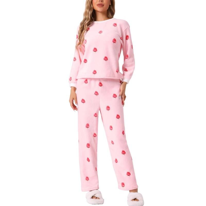 cheibear レディース アンダーウェア ナイトウェア プラスサイズ パンツ フリース cheibear Womens Heart Star Warm Plush Fleece Top and Pants Pajamaset Strawberry Pink