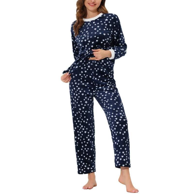 cheibear レディース アンダーウェア ナイトウェア プラスサイズ パンツ フリース cheibear Womens Heart Star Warm Plush Fleece Top and Pants Pajamaset Blue ブルー