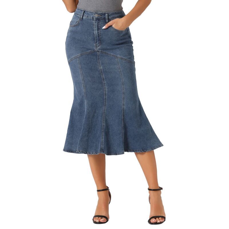アレグラ ケー レディース ボトムスカート ミディ デニム ALLEGRA K Fishtail Denim Skirt For Women Washed Midi Jean Bodycon Skirt Grey Blue グレー