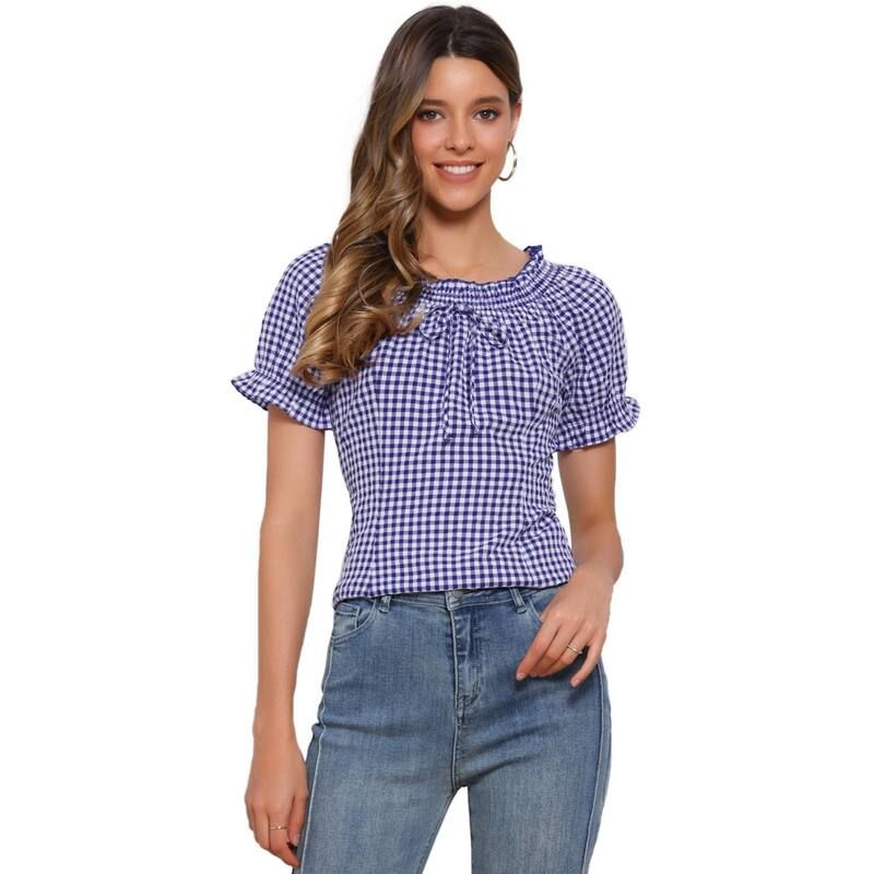 アレグラ ケー レディース トップス Tシャツ ギンガムチェック フリル ブラウス ギンガム ALLEGRA K Gingham Plaid Blouse for Womans Peasant Round Neck Ruffles Puffy Sleeve T