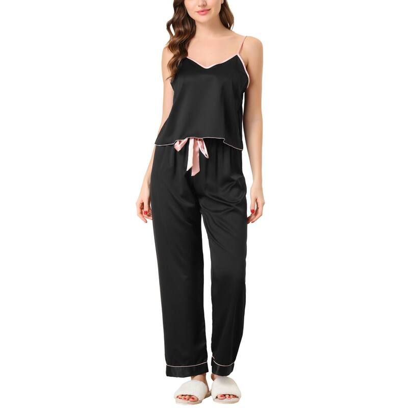 cheibear レディース アンダーウェア ナイトウェア シルク cheibear Womensummer Suspendersoft Ice Silk Pajamas Home Clothes Three Piece Set Black ブラック