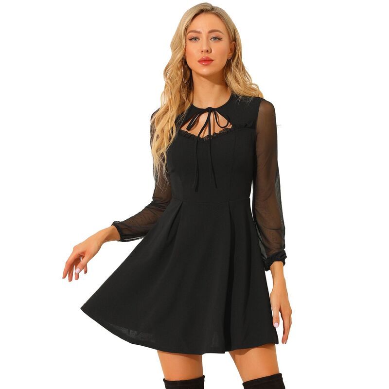 アレグラ ケー レディース トップス ワンピース フリル ミニ メッシュ ALLEGRA K Womens Tie Neck Ruffled Mesh Long Sleeve Mini Dress Black ブラック