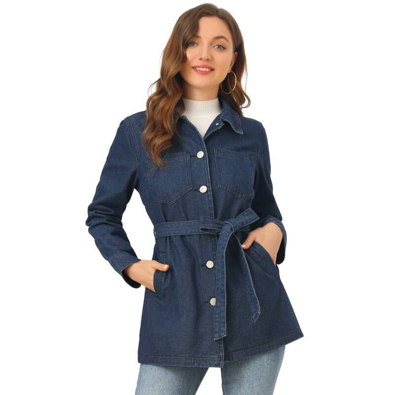 アレグラ ケー レディース アウター ジャケット・ブルゾン デニム ALLEGRA K Womens Raglan Sleeves Button Up Tie Belt Waist Boyfriendenim Jacket Dark Blue ブルー