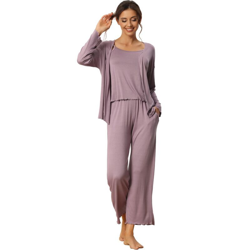 cheibear レディース アンダーウェア ナイトウェア パンツ cheibear Womens 3 Pcsleepwear Solid Color Long Sleeve Tops Cami and Pants Pajama Set Purple パープル