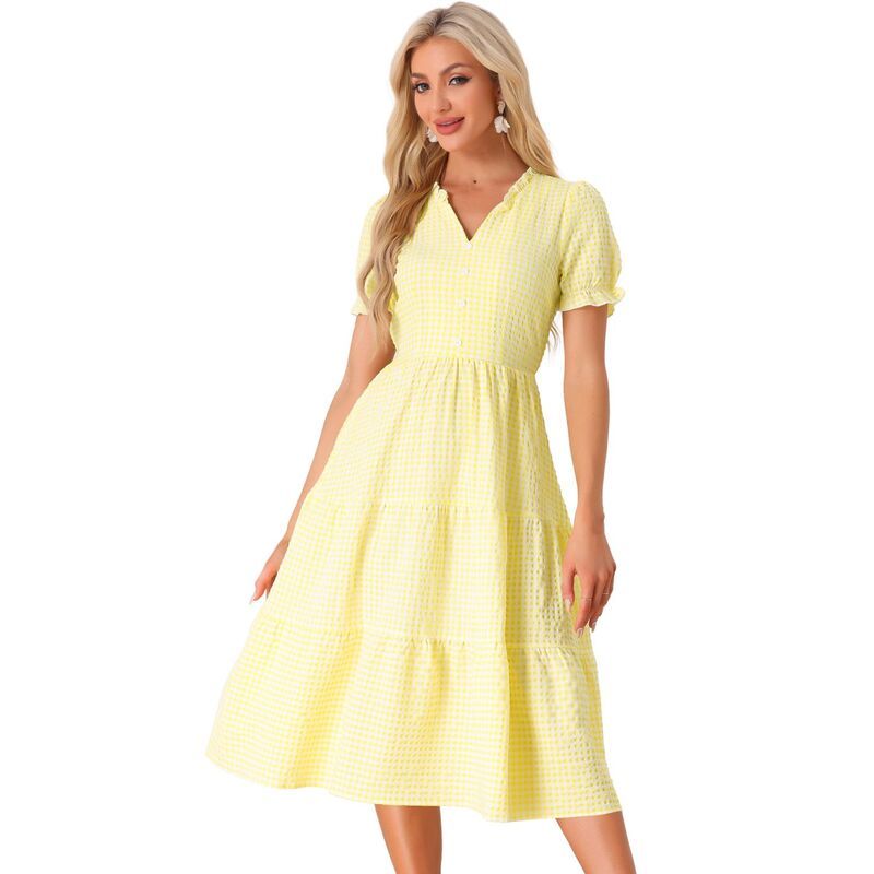 アレグラ ケー レディース トップス ワンピース Vネック ギンガムチェック フリル ギンガム ALLEGRA K Gingham Dress For Womensummeruffle Trim V Neck Button Decor Dress Yellow