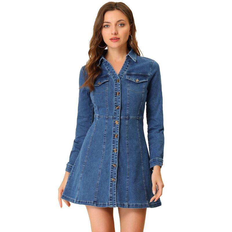 アレグラ ケー レディース トップス ワンピース Vネック シャツ デニム ALLEGRA K Womens Denim VNeck Roll Up Sleeve Shirt Dress Blue ブルー
